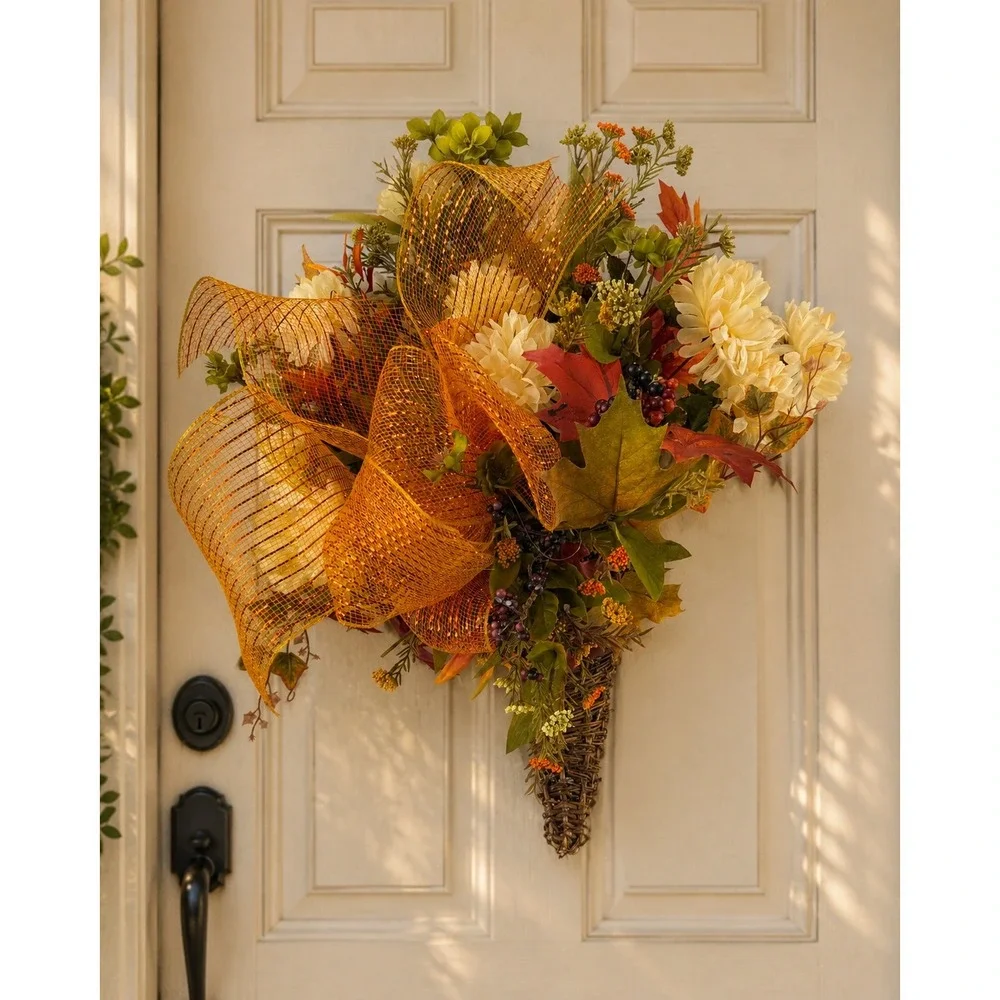 Fall Cornucopia Wall Hanging Woven Grapevine Autumn Floral Decor